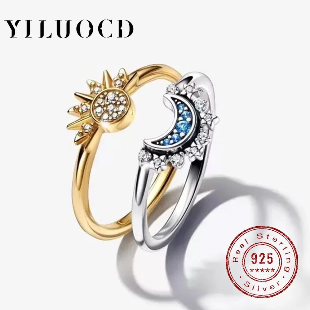 Anillo sol y Luna de plata ley 925 — Silver Sun and Moon  Couple Ring Set Sky Blue Sparkling Cubic Zirconia Rings Promise Fine Jewelry Gifts for Valentines Day