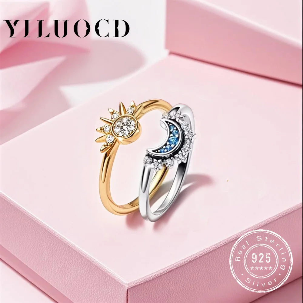 Anillo sol y Luna de plata ley 925 — Silver Sun and Moon  Couple Ring Set Sky Blue Sparkling Cubic Zirconia Rings Promise Fine Jewelry Gifts for Valentines Day