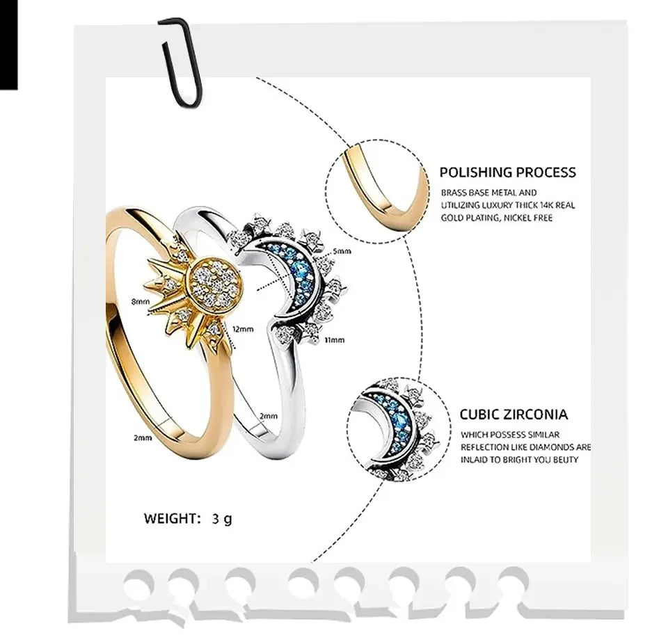 Anillo sol y Luna de plata ley 925 — Silver Sun and Moon  Couple Ring Set Sky Blue Sparkling Cubic Zirconia Rings Promise Fine Jewelry Gifts for Valentines Day